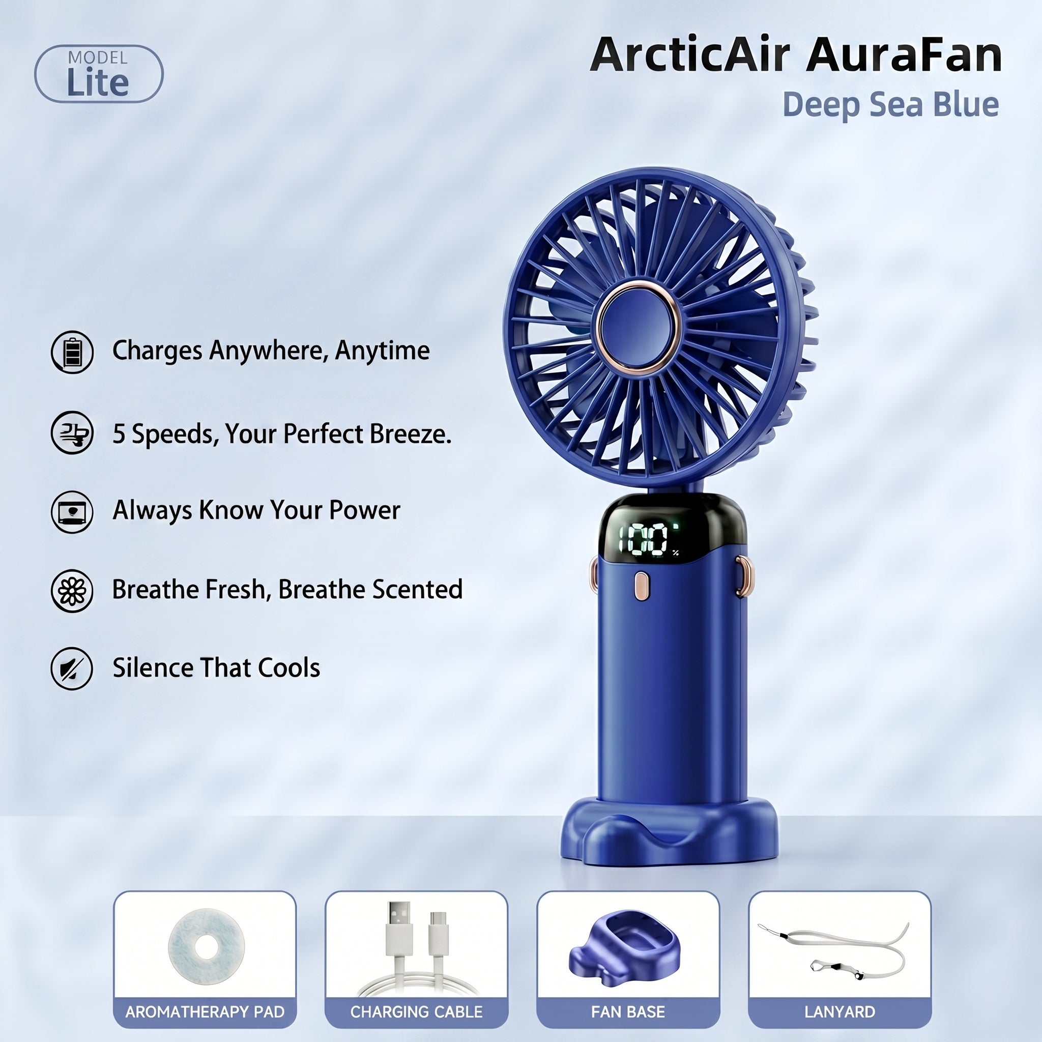ArcticAir AuraFan Deep Sea Blue with features listed on a light blue background