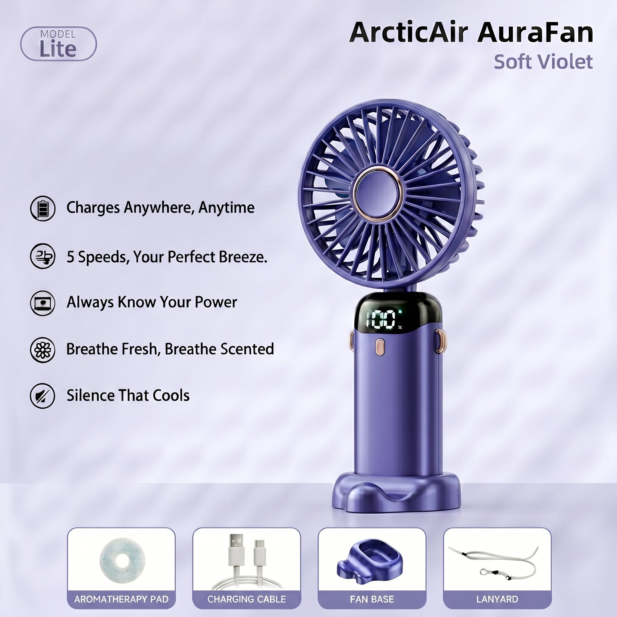 ArcticAir AuraFan soft violet on a light gray background with features listed.