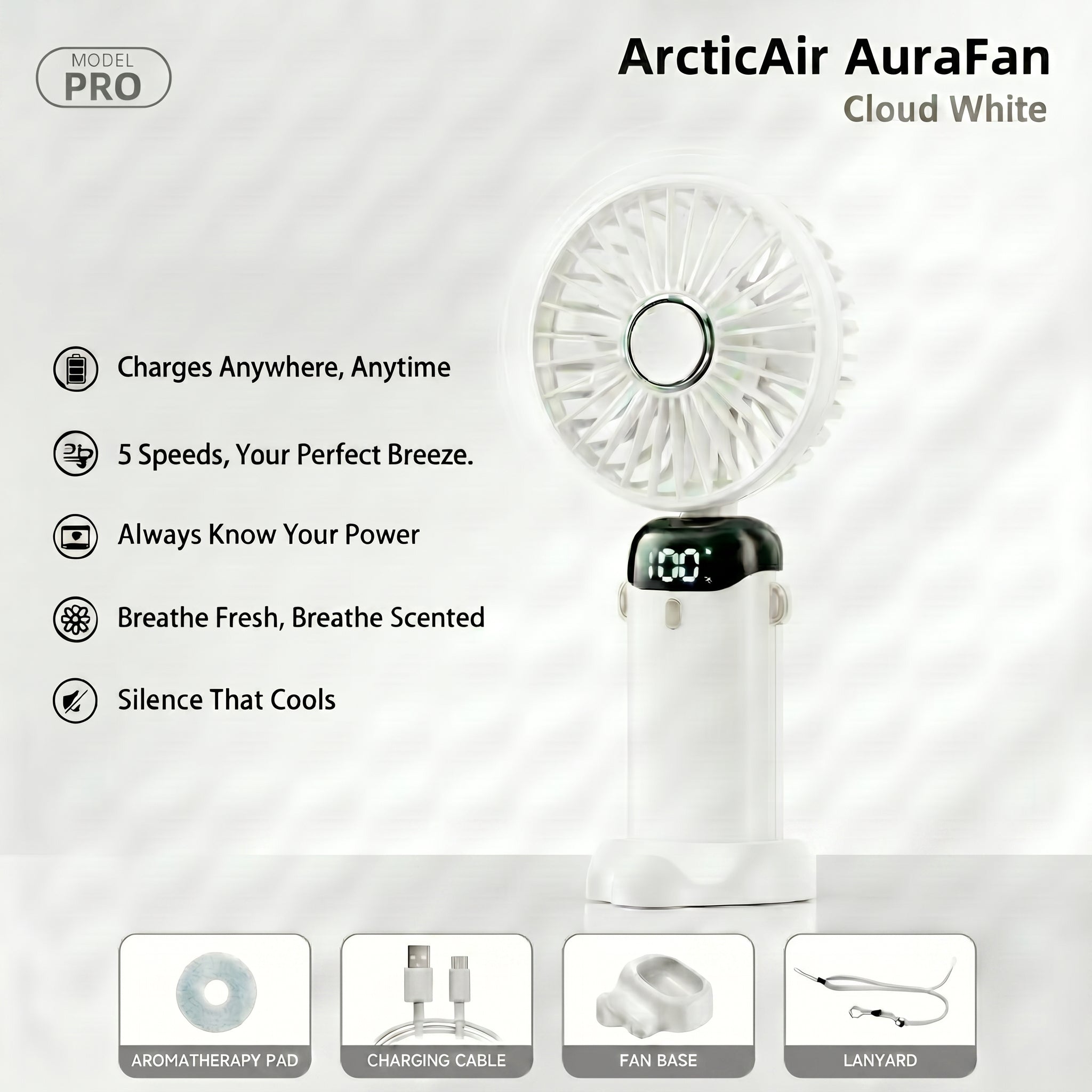 ArcticAir AuraFan cloud white with features listed on a light gray background