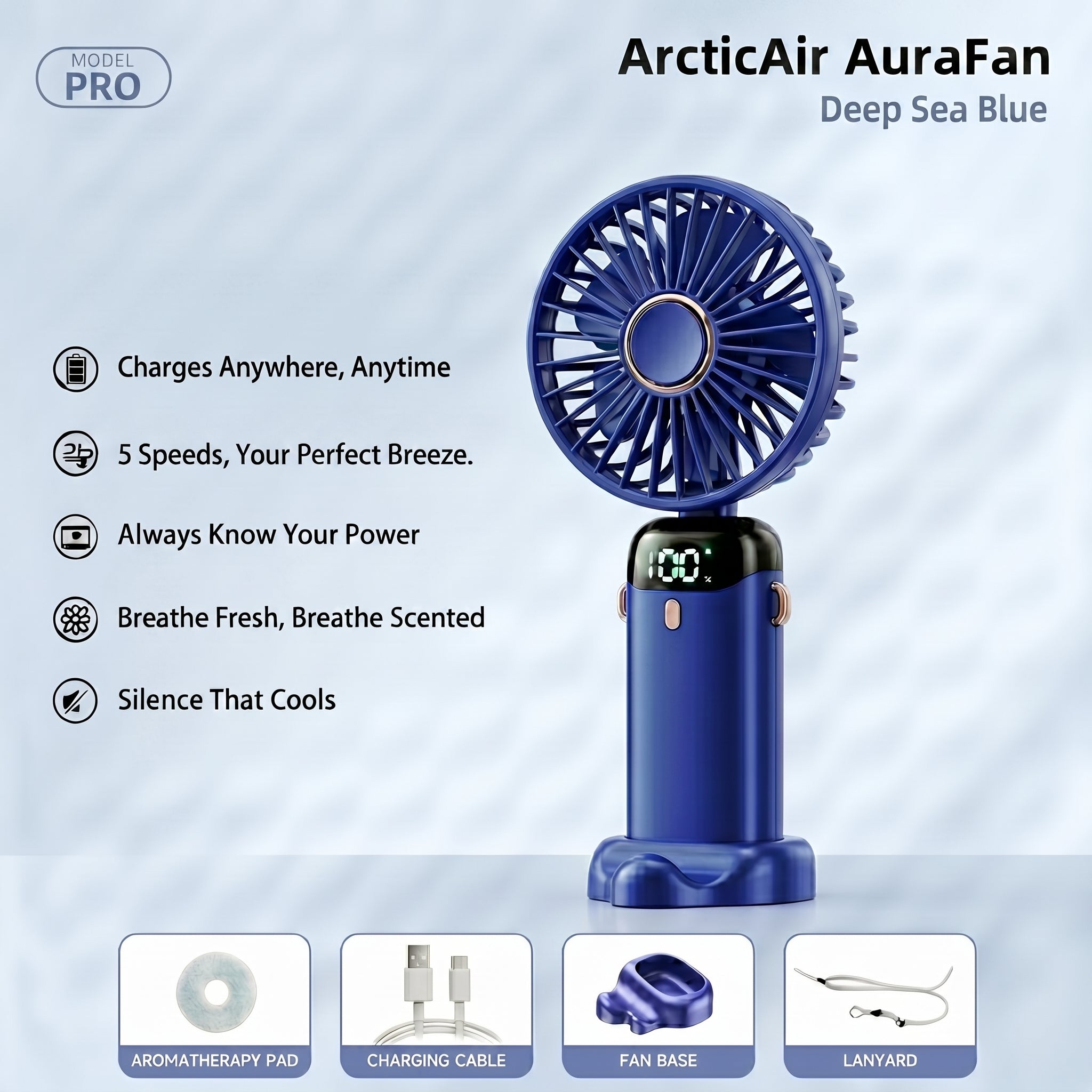 ArcticAir AuraFan Deep Sea Blue with features listed on a light blue background