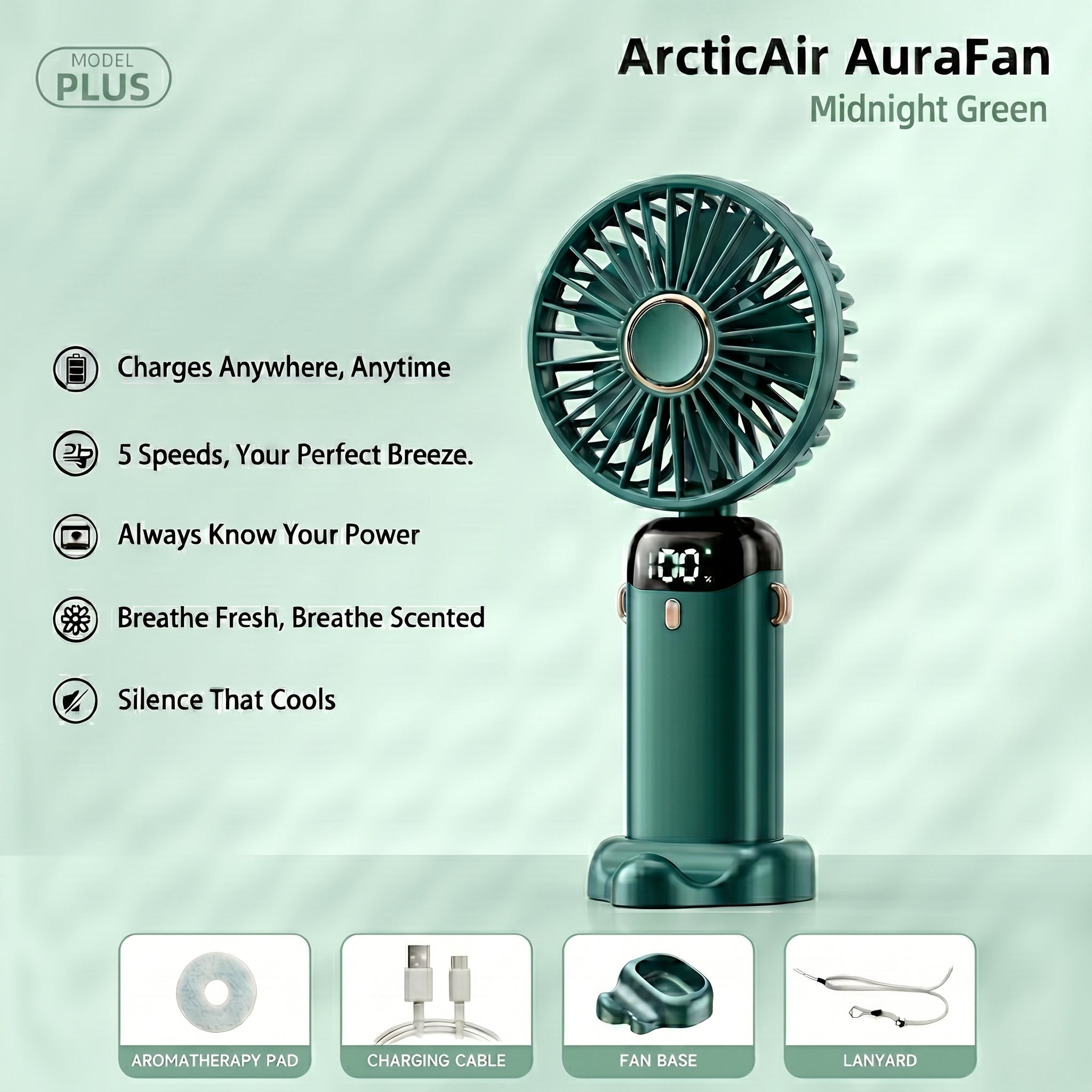 ArcticAir AuraFan Midnight Green with features listed on a light green background