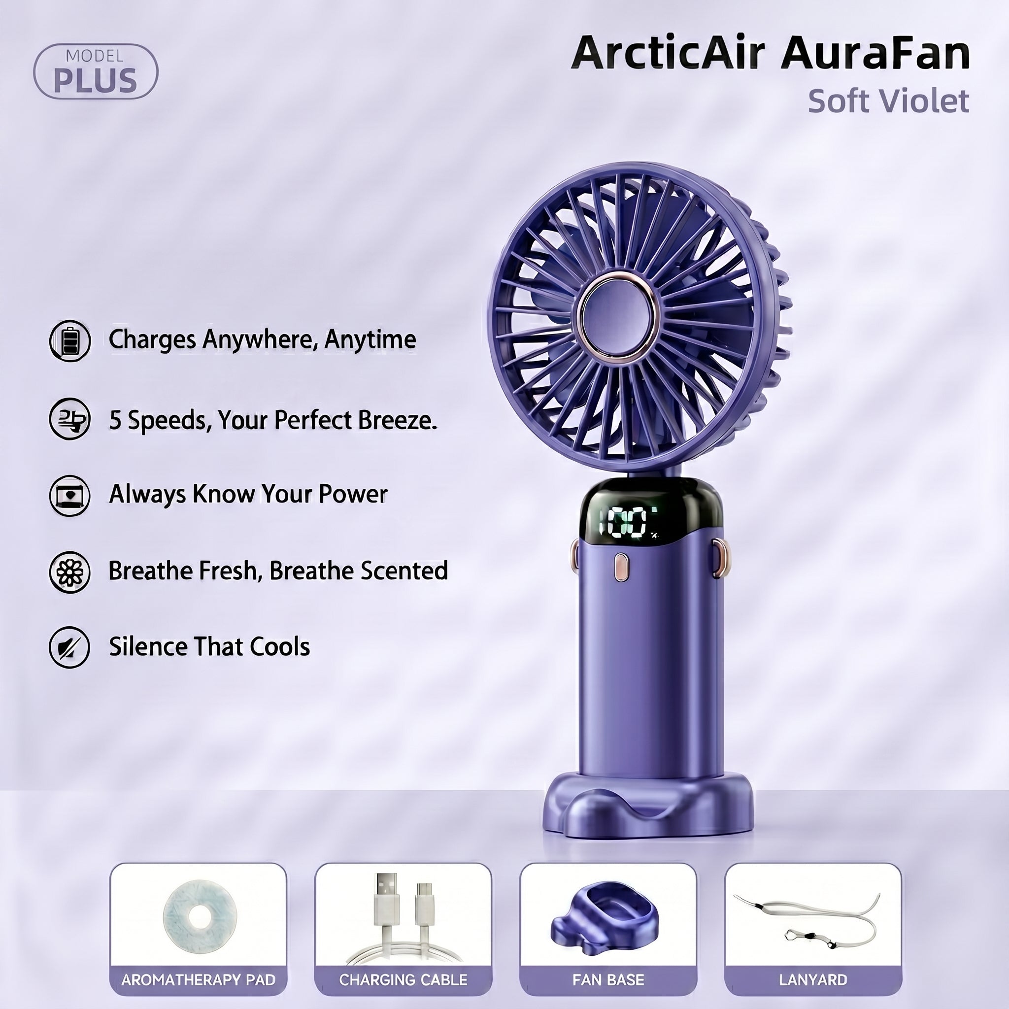 ArcticAir AuraFan soft violet with features listed on a light purple background