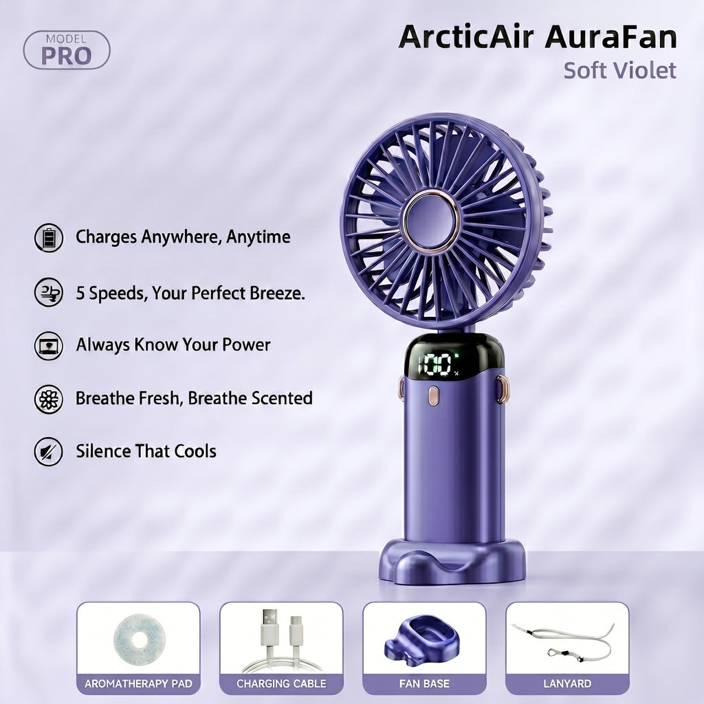 ArcticAir AuraFan soft violet with features listed on a light purple background