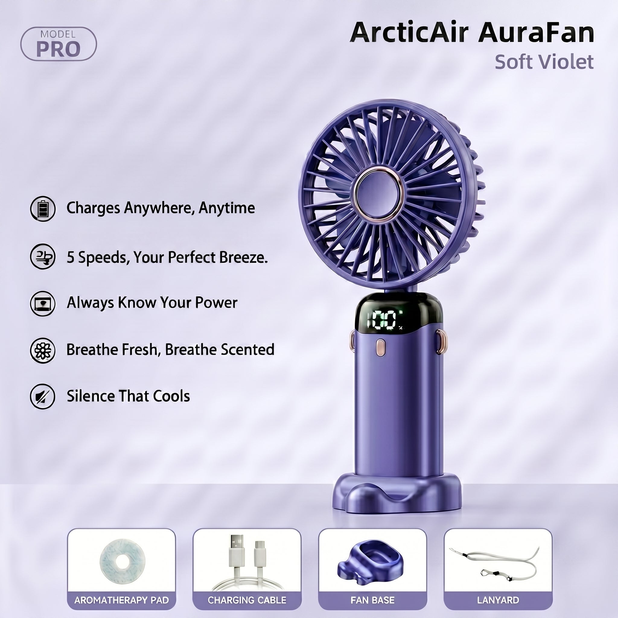 ArcticAir AuraFan soft violet with features listed on a light purple background