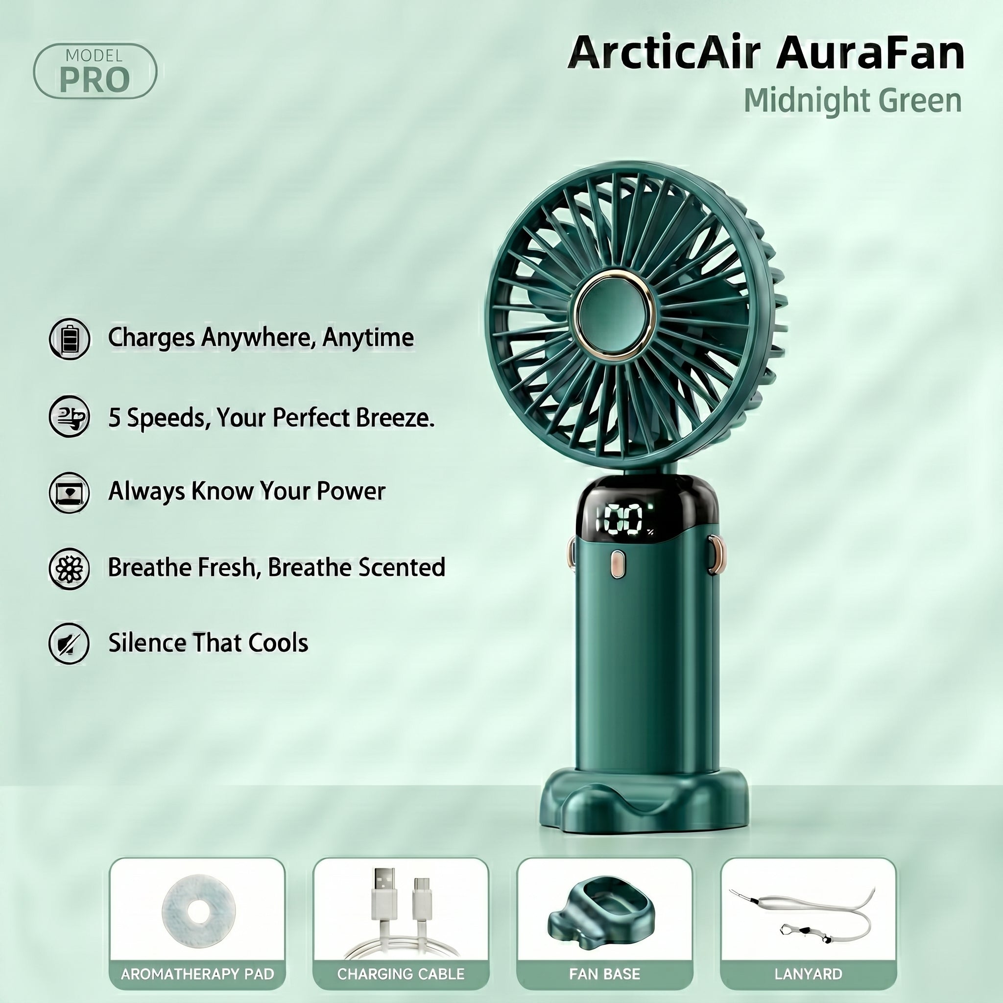 ArcticAir AuraFan Midnight Green with features listed on a light green background