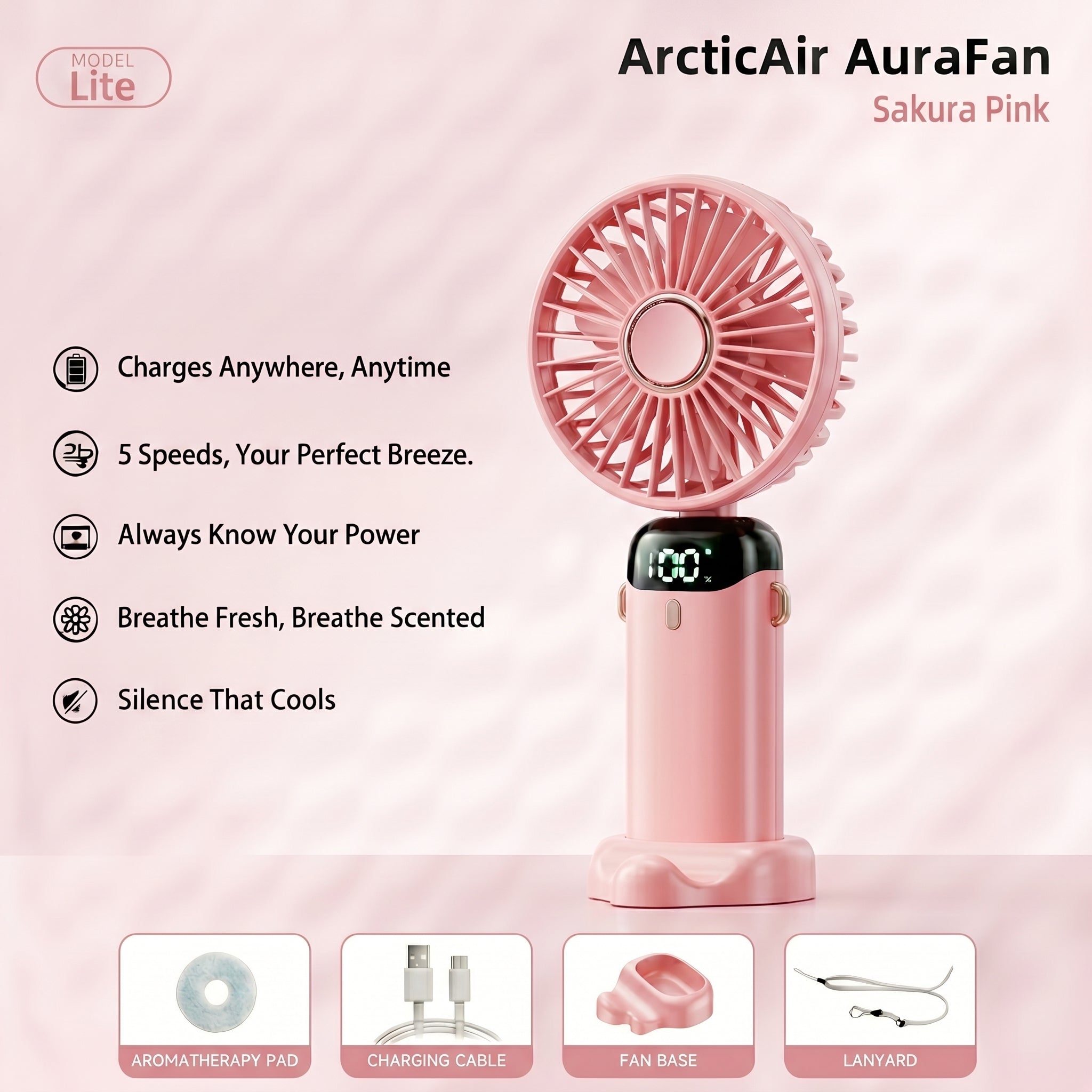 Pink portable fan with features listed on a light pink background